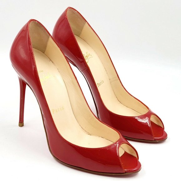CHRISTIAN LOUBOUTIN Women Sexy 100 Red Patent Leather Peep Toe Pumps Size 39 8.5